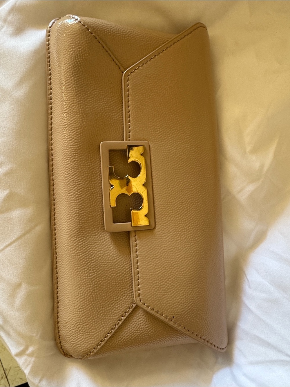 Tory Burch Beige Envelope Clutch with Gold Logo Hardware
